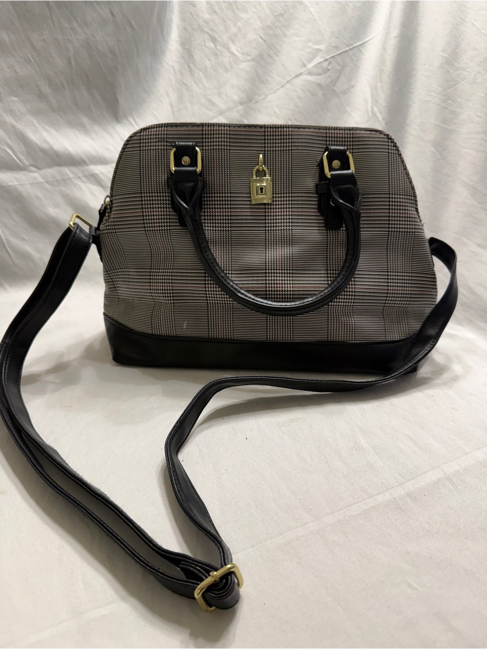 Plaid Structured Satchel Crossbody Bag Black Tan Top Handle Classic Chic